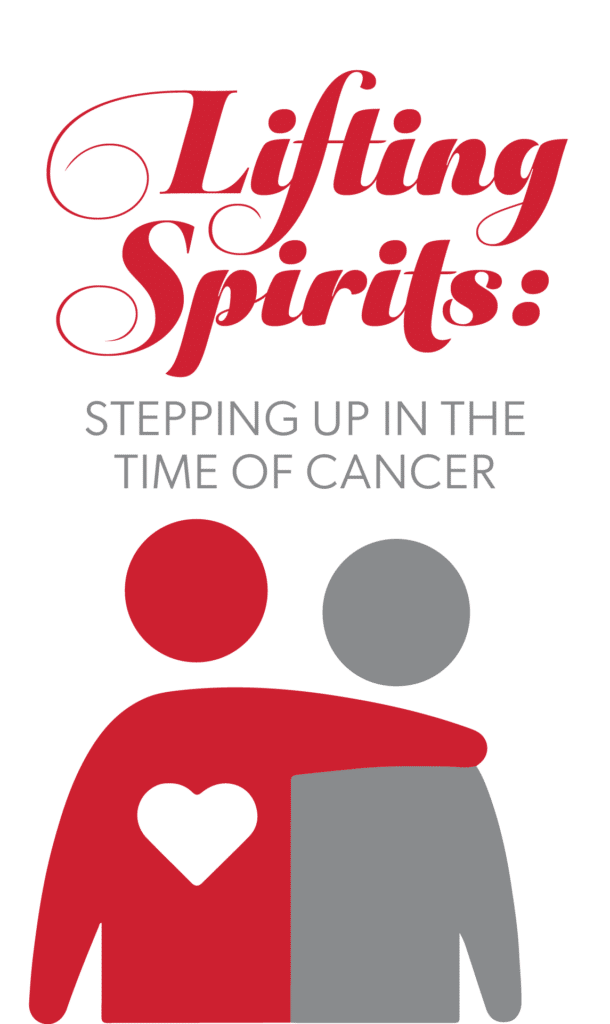Lifting Spirits, Stepping up in the time of cancer. Event logo with two people hugging.